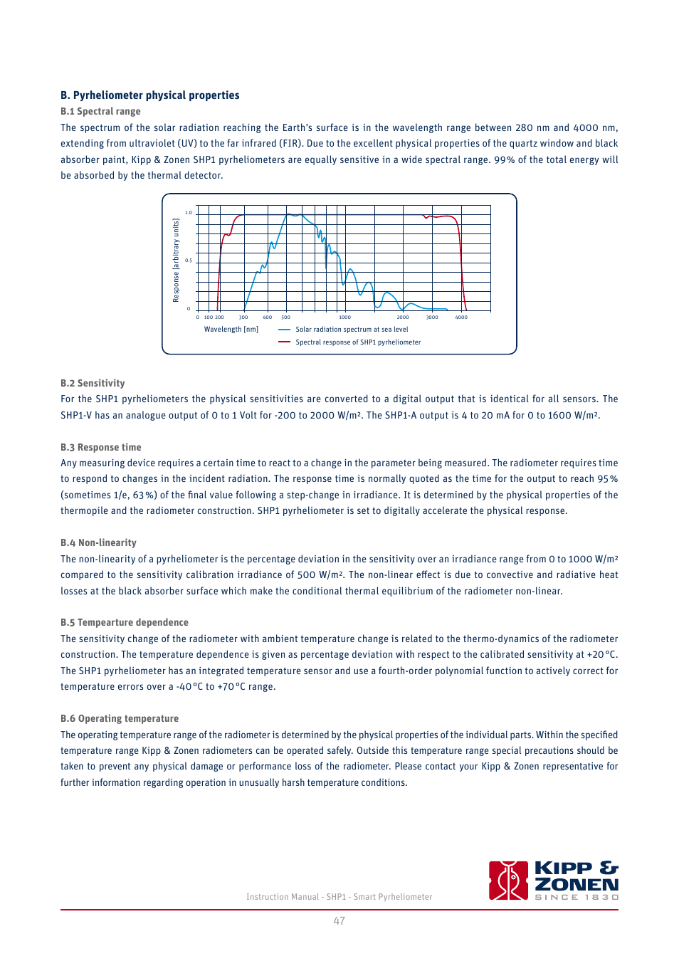 B. pyrheliometer physical properties, Spectral range, Sensitivity | Response time, B.4 non-linearity b.5, Tempearture dependence, B.6 operating temperature | Kipp&Zonen SHP1 Pyrheliometer User Manual | Page 47 / 50