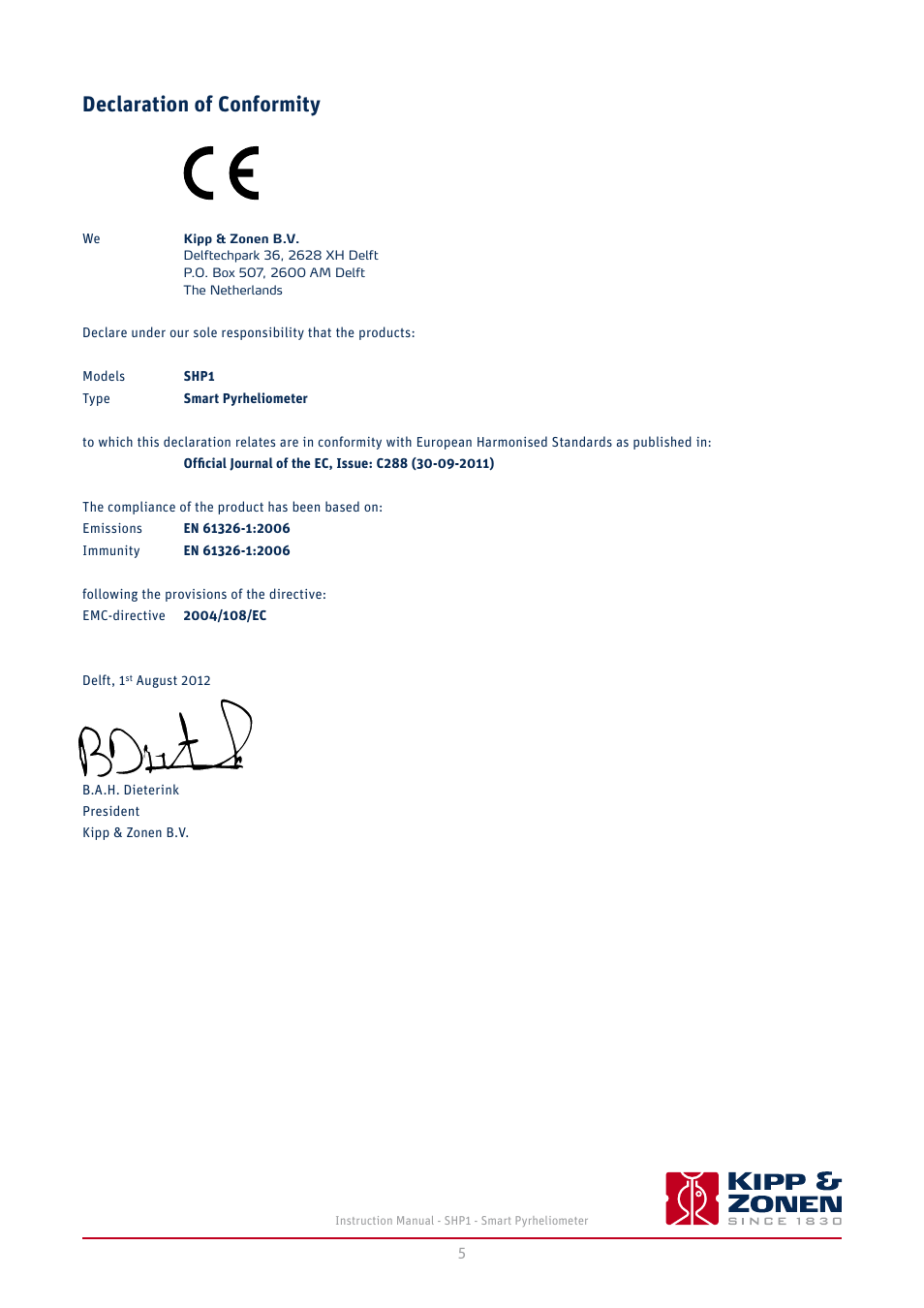 Declaration of conformity | Kipp&Zonen SHP1 Pyrheliometer User Manual | Page 5 / 50