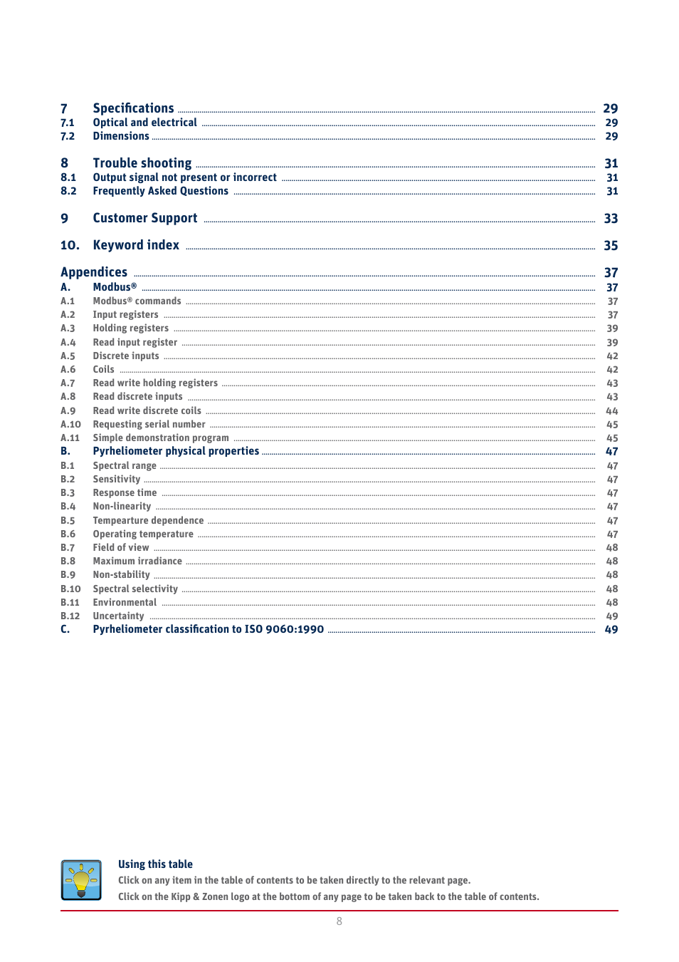 7specifications, 8trouble shooting, 9customer support 10. keyword index appendices | Kipp&Zonen SHP1 Pyrheliometer User Manual | Page 8 / 50