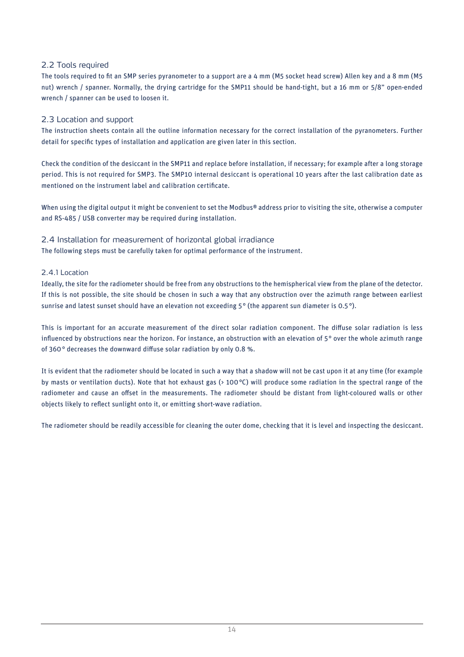 Tools required, Location and support, Location | Kipp&Zonen SMP3 Pyranometers User Manual | Page 14 / 60