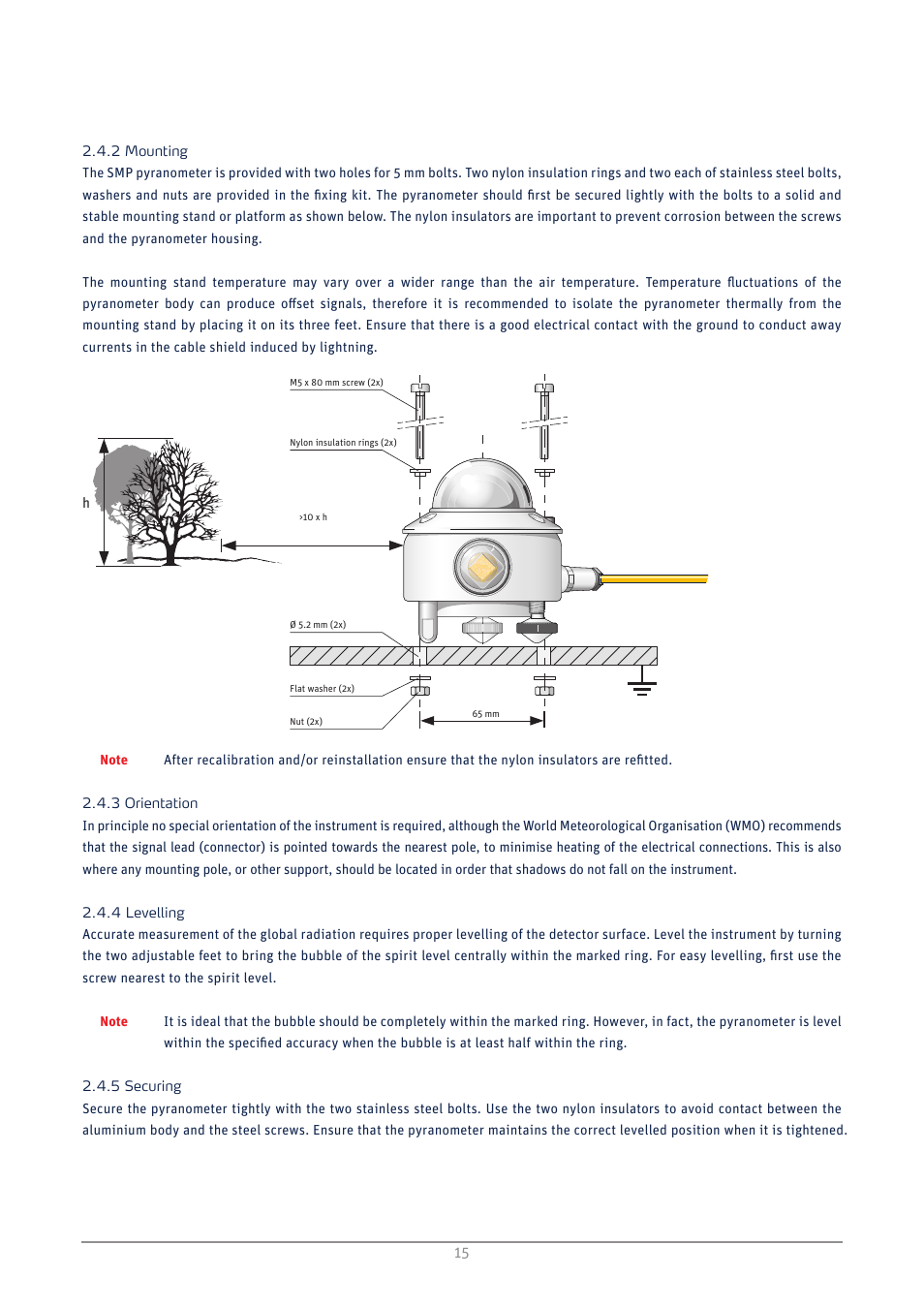 Mounting, Orientation, Levelling | Securing | Kipp&Zonen SMP3 Pyranometers User Manual | Page 15 / 60