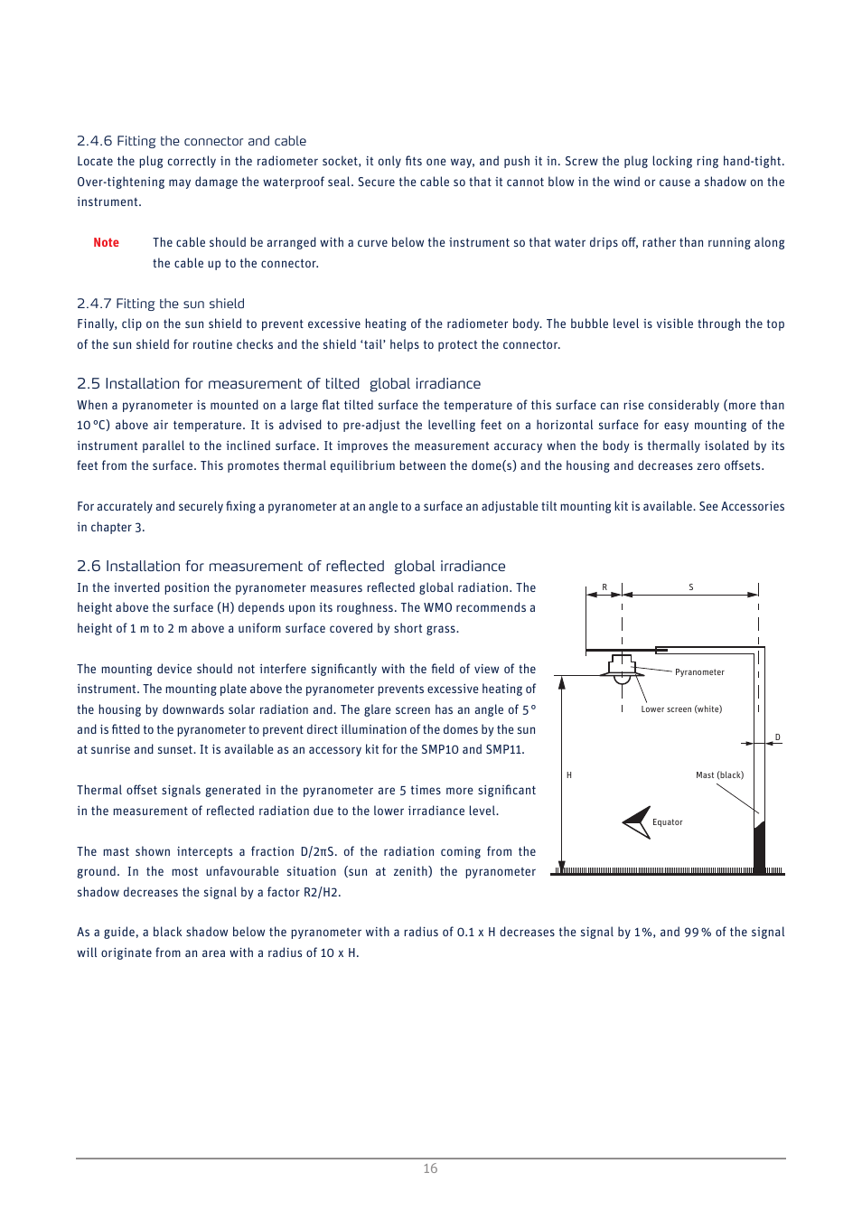 Fitting the connector and cable, Fitting the sun shield | Kipp&Zonen SMP3 Pyranometers User Manual | Page 16 / 60