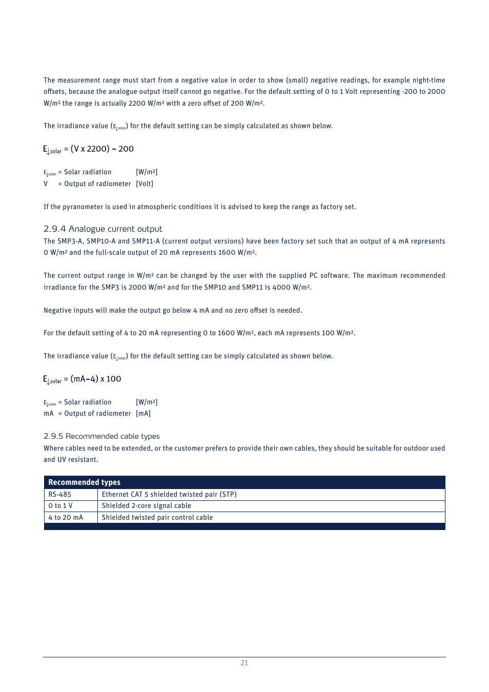 Analogue current output, Recommended cable types | Kipp&Zonen SMP3 Pyranometers User Manual | Page 21 / 60