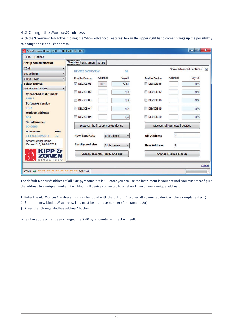 Change the modbus® address | Kipp&Zonen SMP3 Pyranometers User Manual | Page 26 / 60