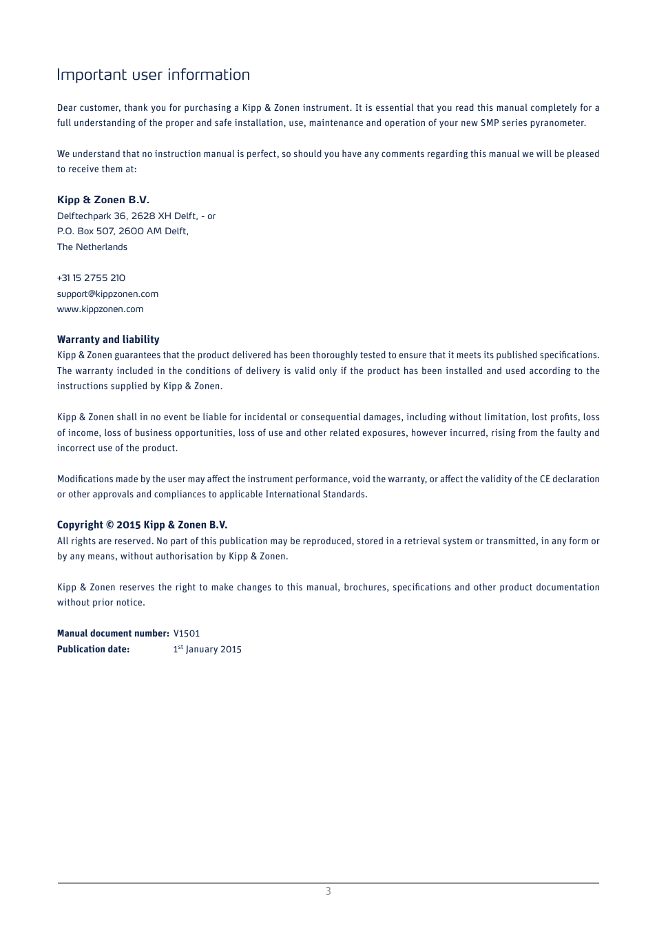 Important user information | Kipp&Zonen SMP3 Pyranometers User Manual | Page 3 / 60