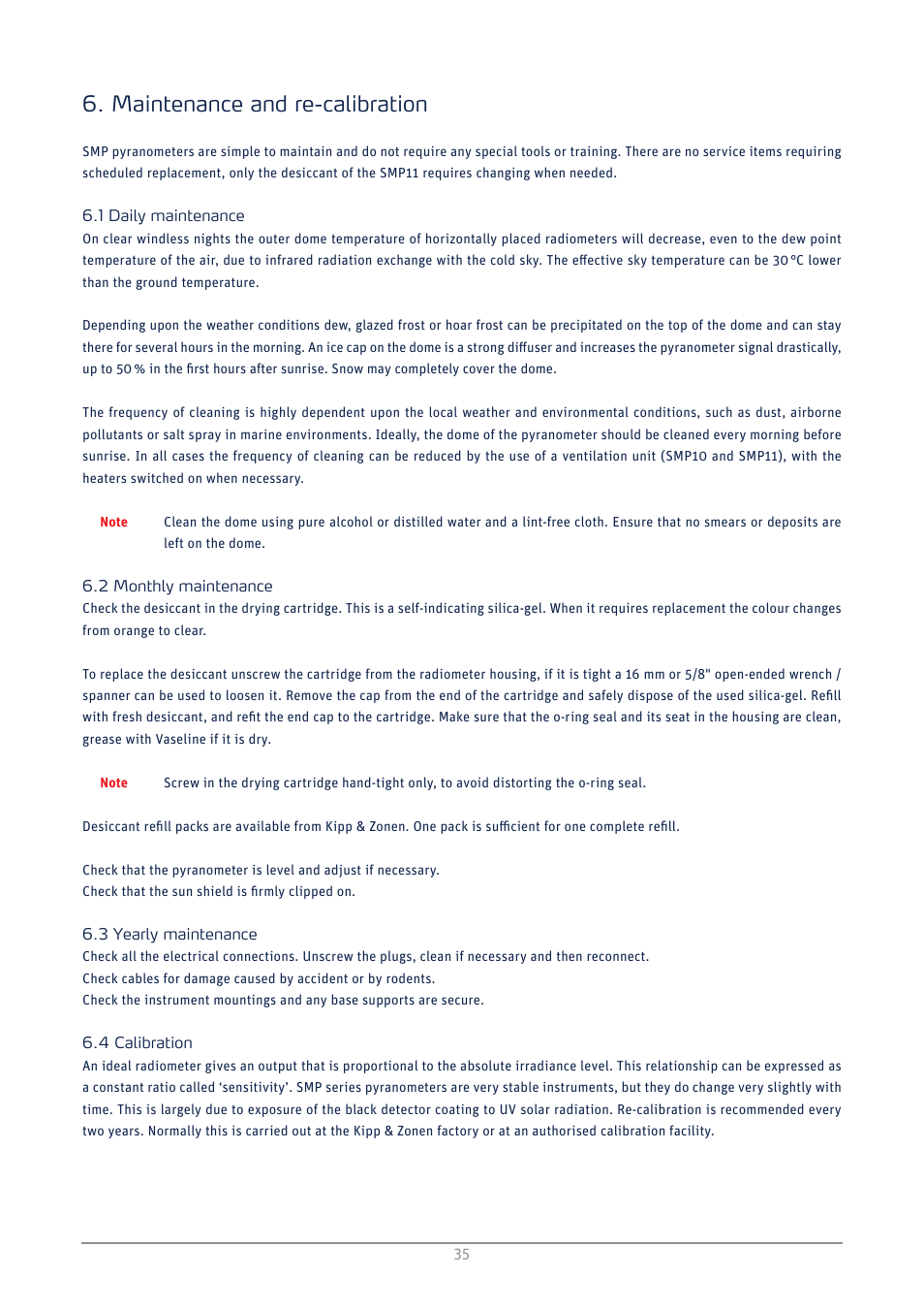 Maintenance and re-calibration, Daily maintenance, Monthly maintenance | Yearly maintenance, Calibration | Kipp&Zonen SMP3 Pyranometers User Manual | Page 35 / 60