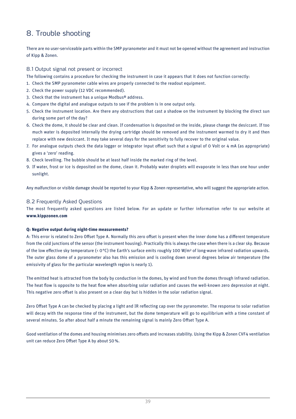 Trouble shooting, Output signal not present or incorrect, Frequently asked questions | Kipp&Zonen SMP3 Pyranometers User Manual | Page 39 / 60