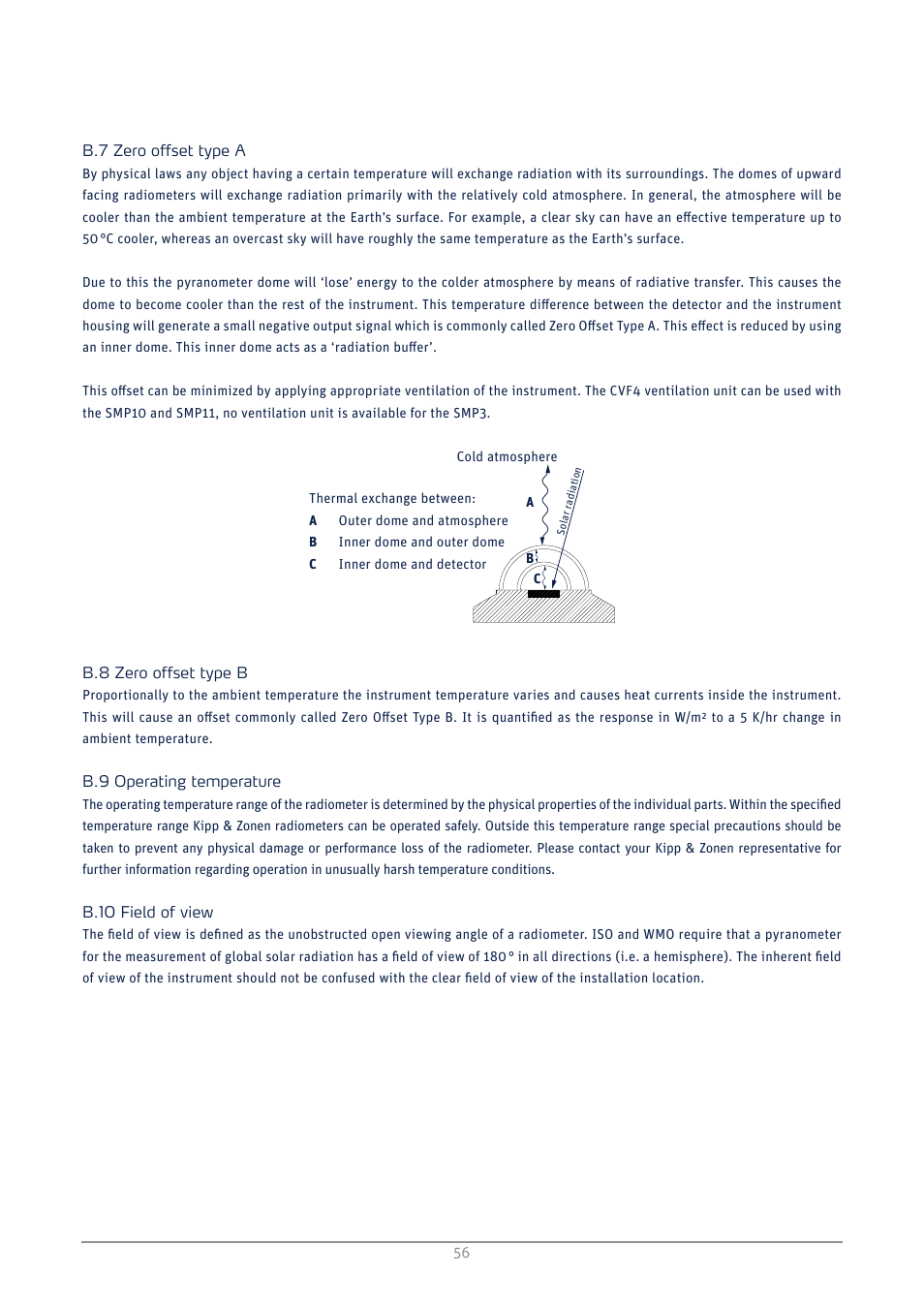 Zero offset type a, Zero offset type b, Operating temperature | B.10, Field of view, B.11, Directional response, B.12, Maximum irradiance, B.13 | Kipp&Zonen SMP3 Pyranometers User Manual | Page 56 / 60