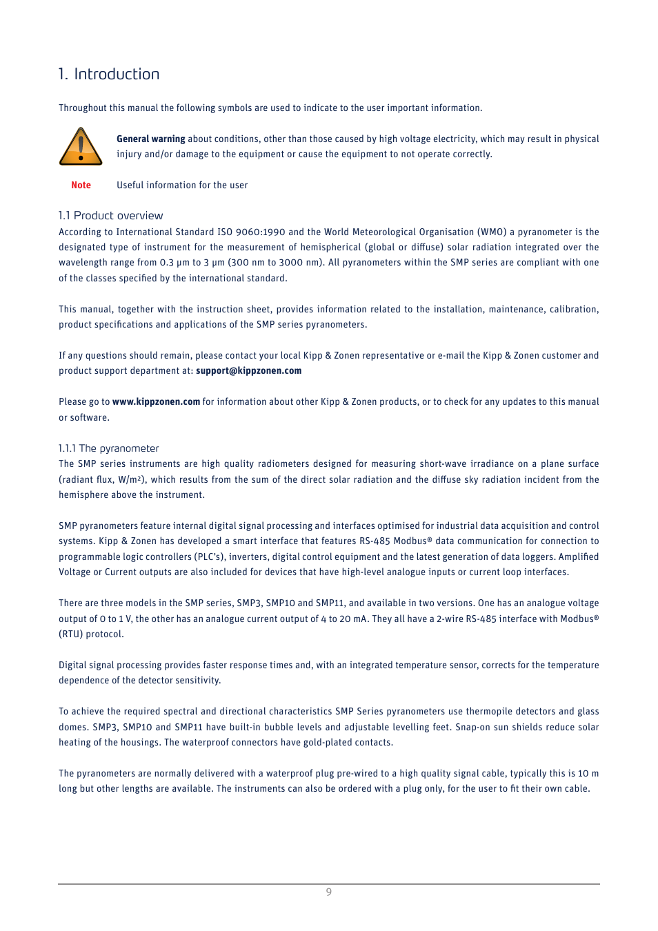 Introduction, Product overview, The pyranometer | Kipp&Zonen SMP3 Pyranometers User Manual | Page 9 / 60