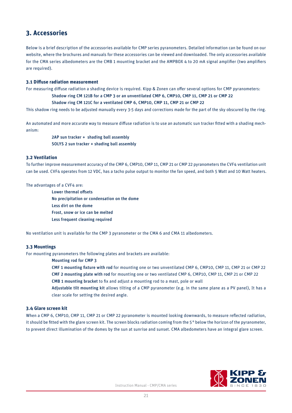 3 accessories, 1 diﬀuse radiation measurement, 2 ventilation | 3 mountings, 4 glare screen kit, 5 cables, 6 ampbox, Accessories | Kipp&Zonen CMA 6 Albedometers User Manual | Page 21 / 46