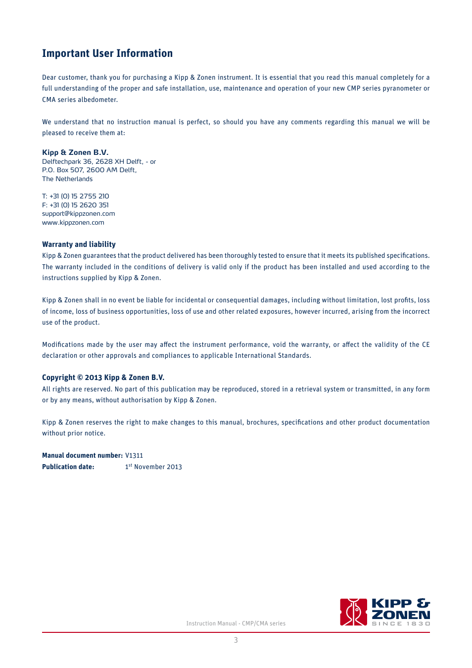 Important user information | Kipp&Zonen CMA 6 Albedometers User Manual | Page 3 / 46