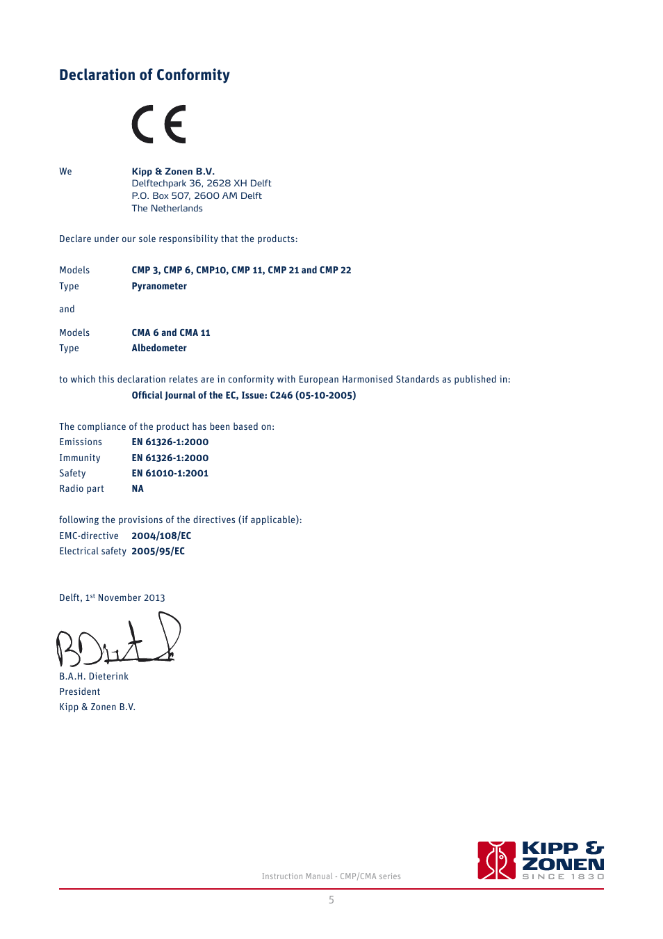 Declaration of conformity | Kipp&Zonen CMA 6 Albedometers User Manual | Page 5 / 46