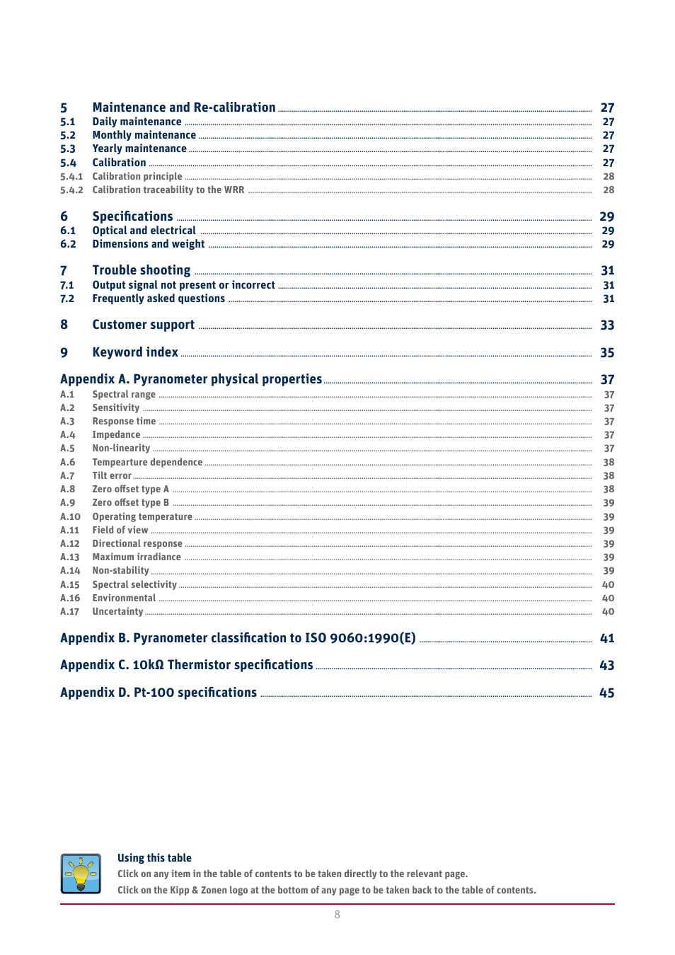 5maintenance and re-calibration, 6specifications, 7trouble shooting | Kipp&Zonen CMA 6 Albedometers User Manual | Page 8 / 46