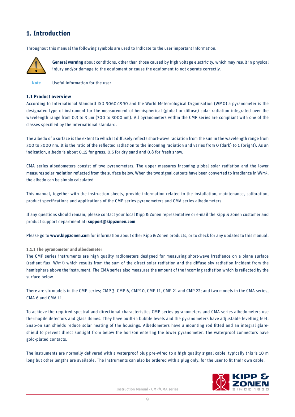 Introduction, 1 product overview, 1 the pyranometer and albedometer | Kipp&Zonen CMA 6 Albedometers User Manual | Page 9 / 46