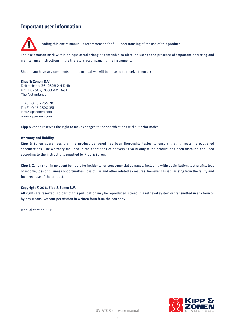 Important user information | Kipp&Zonen UVS-E-T UV Radiometers User Manual | Page 5 / 60