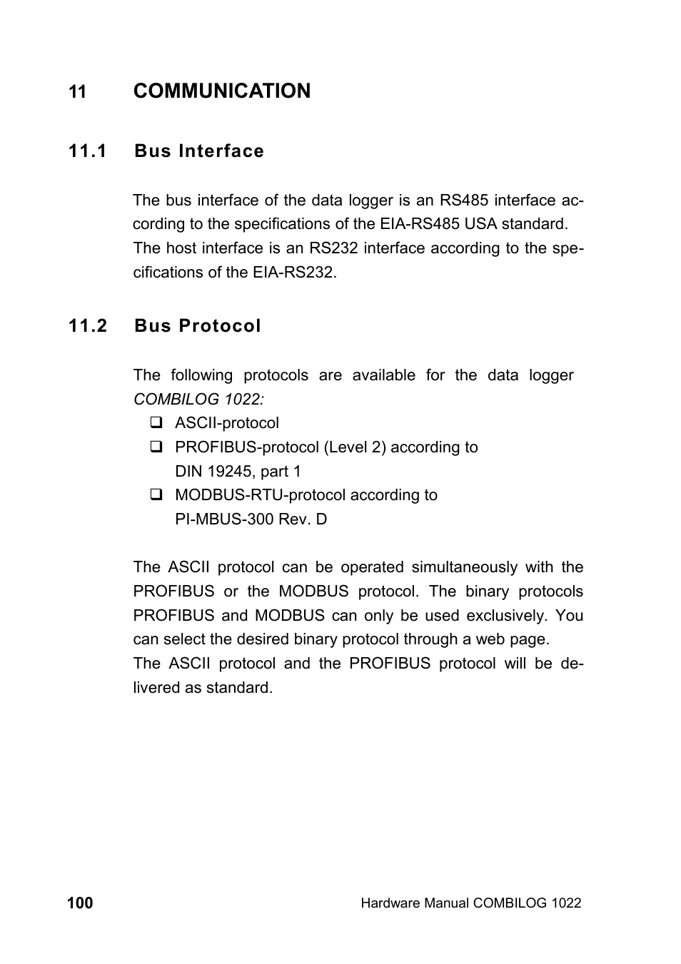 11 communication, 1 bus interface, 2 bus protocol | Communication | Kipp&Zonen COMBILOG Data Logger User Manual | Page 100 / 173