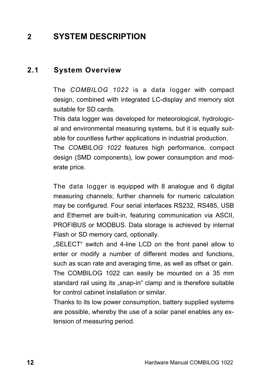 2 system description, 1 system overview, System description | Kipp&Zonen COMBILOG Data Logger User Manual | Page 12 / 173