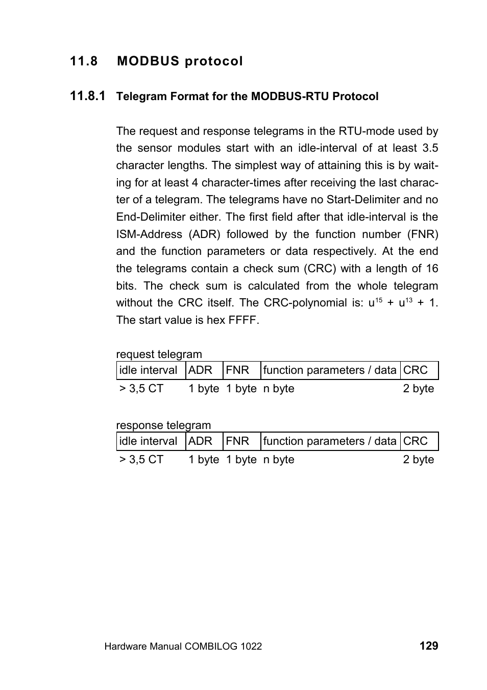 8 modbus protocol, 1 telegram format for the modbus-rtu protocol | Kipp&Zonen COMBILOG Data Logger User Manual | Page 129 / 173