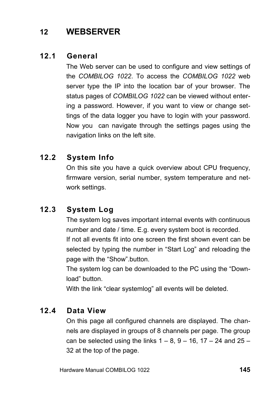 12 webserver, 1 general, 2 system info | 3 system log, 4 data view, Webserver | Kipp&Zonen COMBILOG Data Logger User Manual | Page 145 / 173