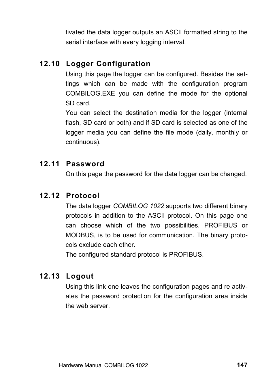 10 logger configuration, 11 password, 12 protocol | 13 logout | Kipp&Zonen COMBILOG Data Logger User Manual | Page 147 / 173