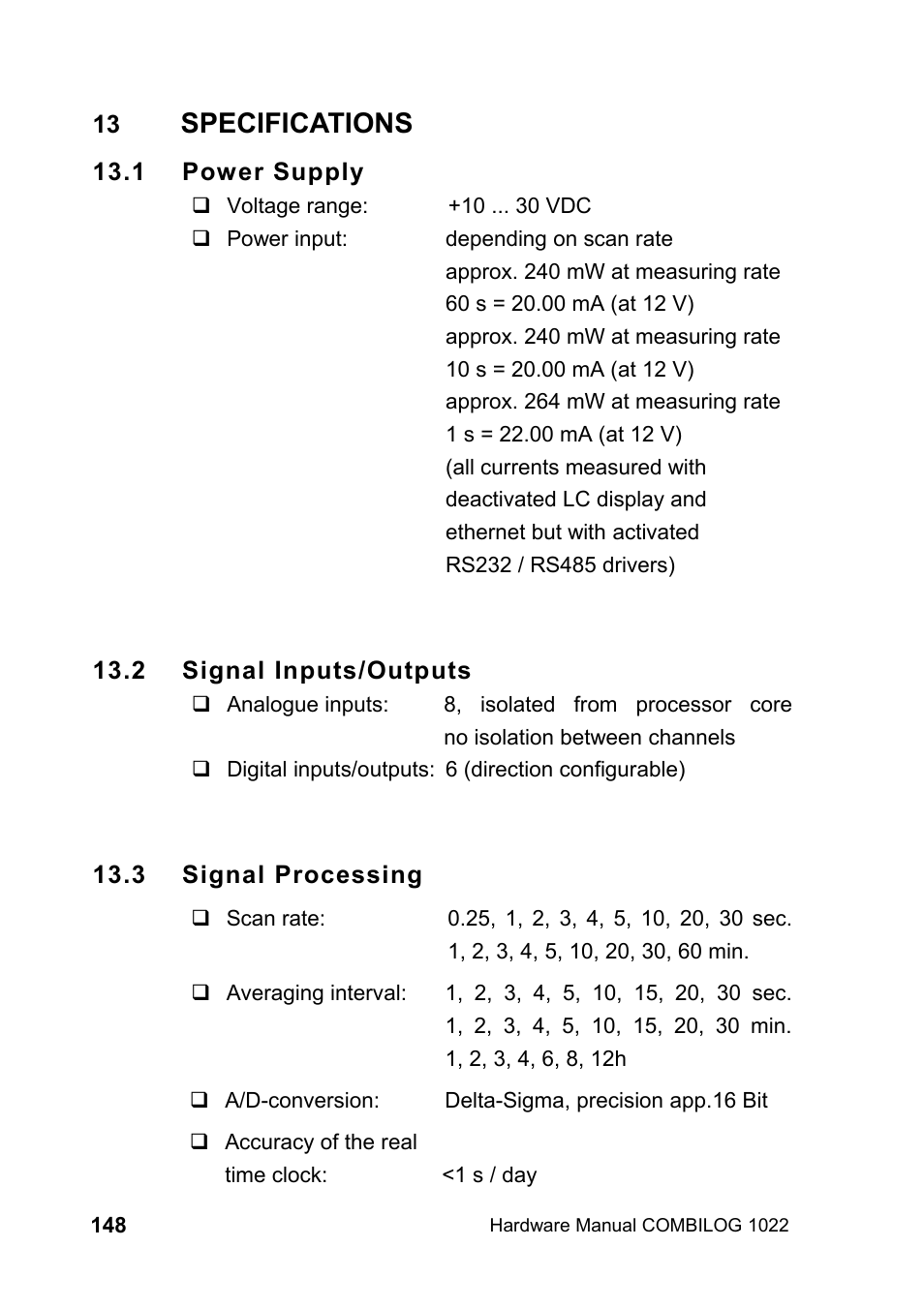 13 specifications, 1 power supply, 2 signal inputs/outputs | 3 signal processing, Specifications | Kipp&Zonen COMBILOG Data Logger User Manual | Page 148 / 173