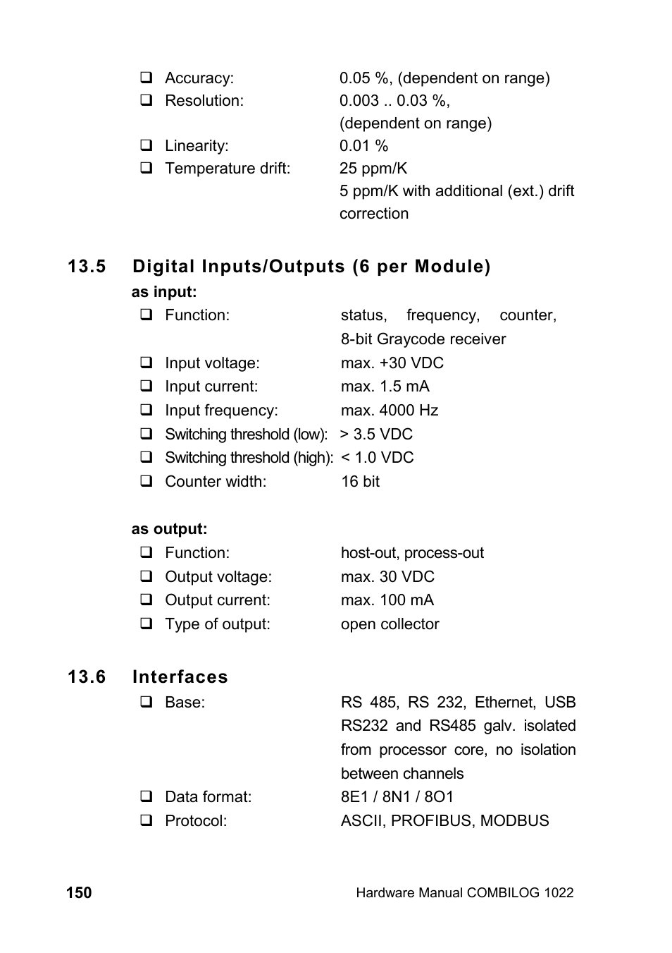 5 digital inputs/outputs (6 per module), 6 interfaces | Kipp&Zonen COMBILOG Data Logger User Manual | Page 150 / 173