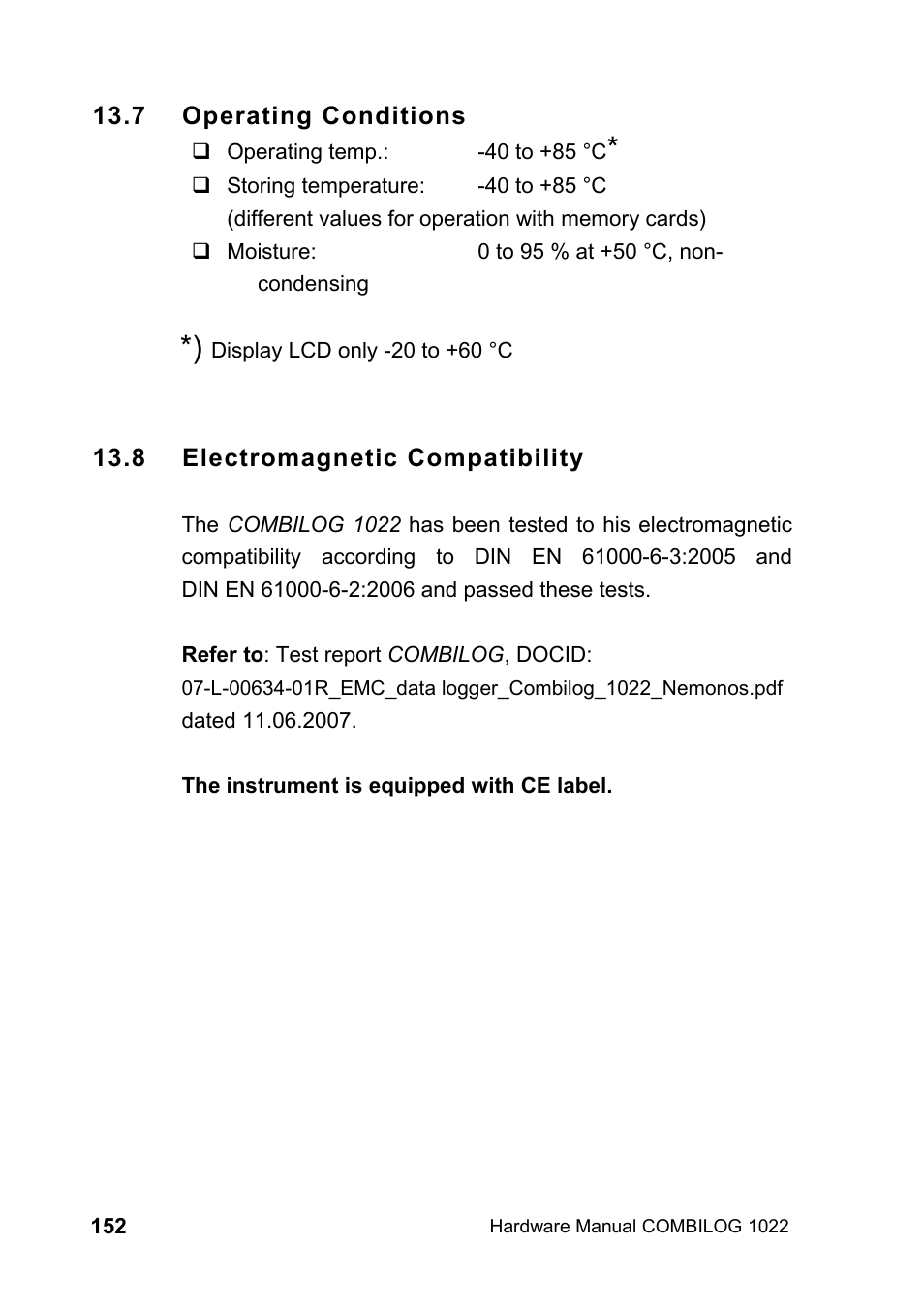 7 operating conditions, 8 electromagnetic compatibility | Kipp&Zonen COMBILOG Data Logger User Manual | Page 152 / 173