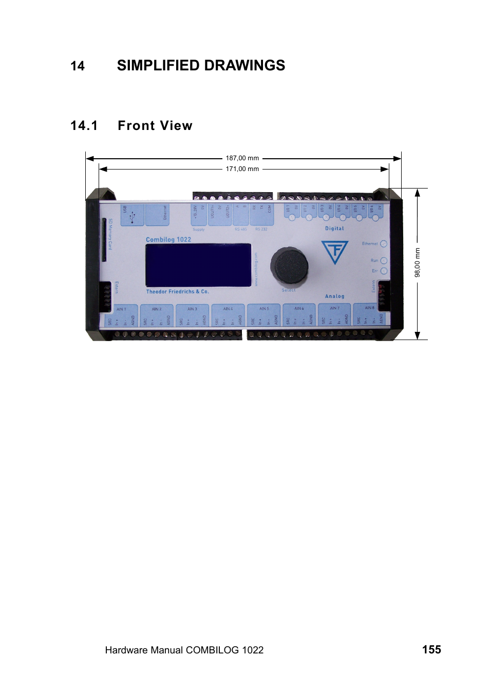 14 simplified drawings, 1 front view, Simplified drawings | Kipp&Zonen COMBILOG Data Logger User Manual | Page 155 / 173