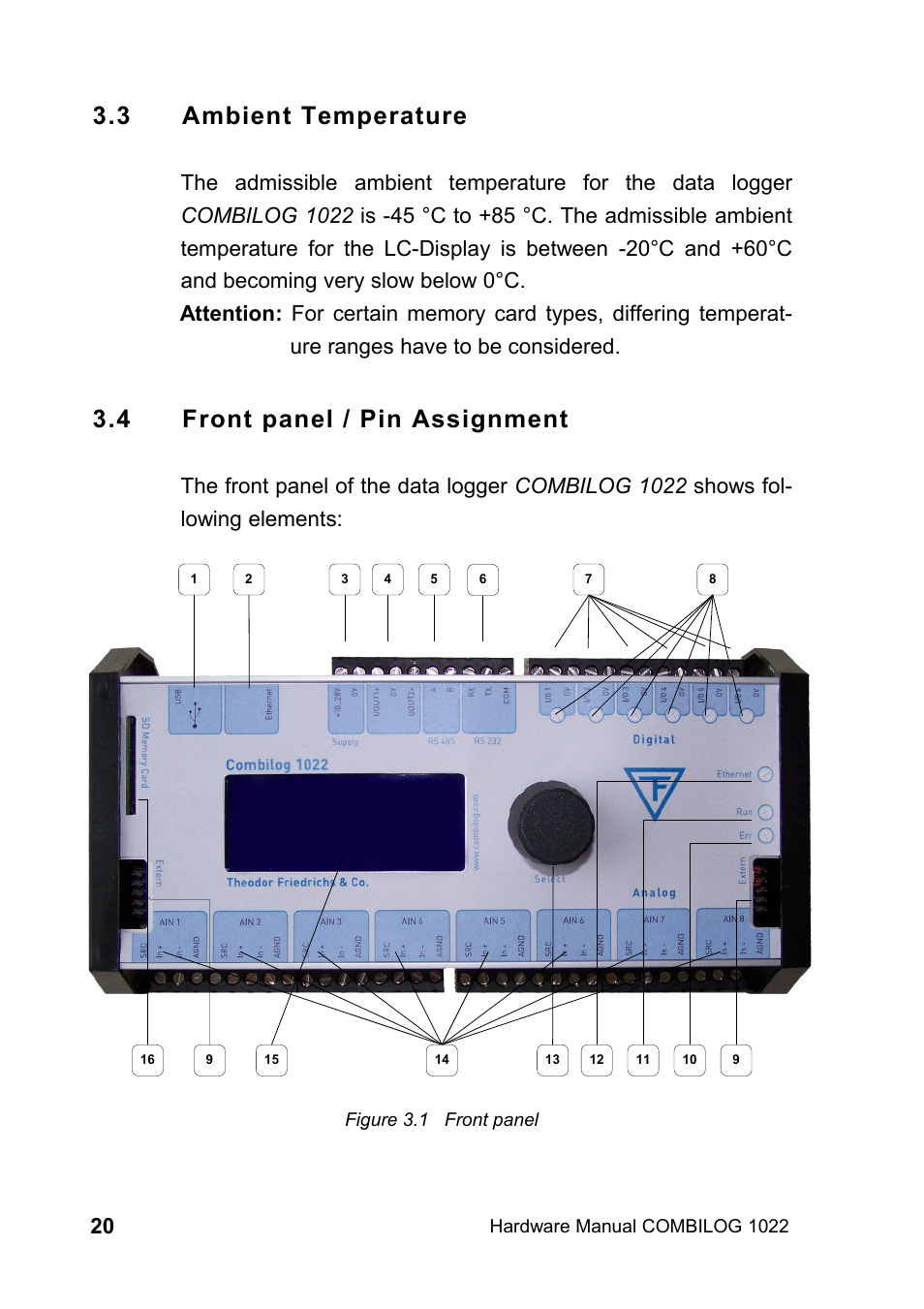 3 ambient temperature, 4 front panel / pin assignment | Kipp&Zonen COMBILOG Data Logger User Manual | Page 20 / 173