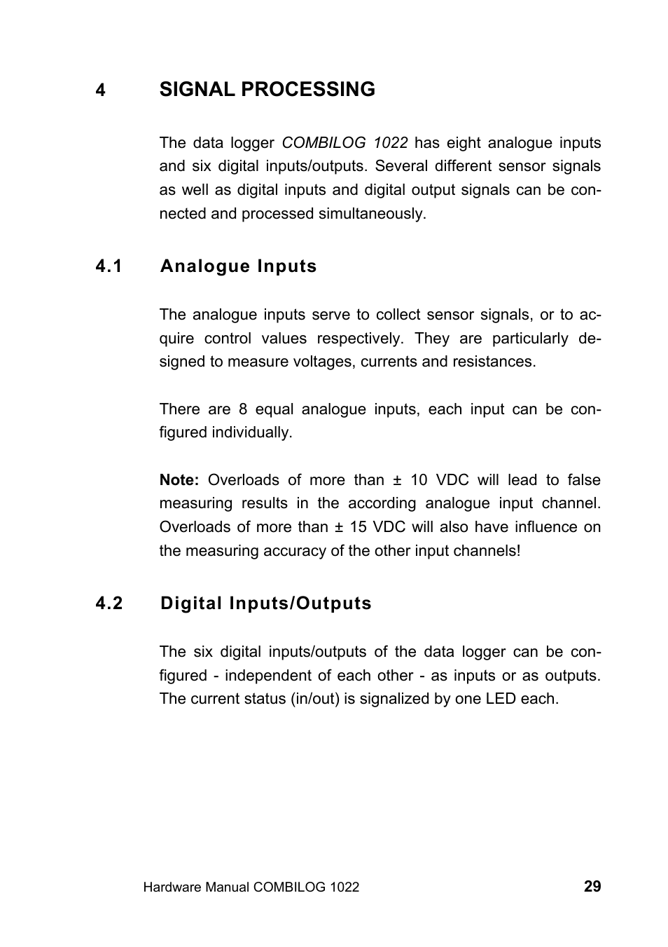 4 signal processing, 1 analogue inputs, 2 digital inputs/outputs | Signal processing | Kipp&Zonen COMBILOG Data Logger User Manual | Page 29 / 173