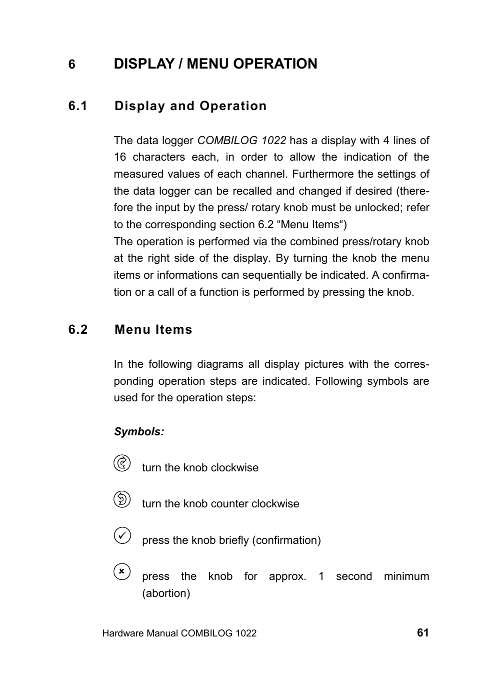 6 display / menu operation, 1 display and operation, 2 menu items | Display / menu operation | Kipp&Zonen COMBILOG Data Logger User Manual | Page 61 / 173