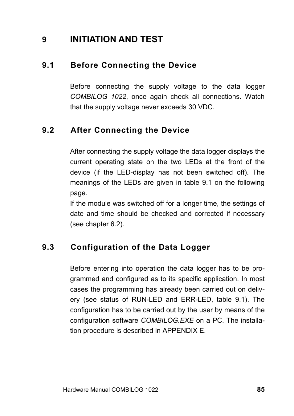 9 initiation and test, 1 before connecting the device, 2 after connecting the device | 3 configuration of the data logger, Initiation and test | Kipp&Zonen COMBILOG Data Logger User Manual | Page 85 / 173