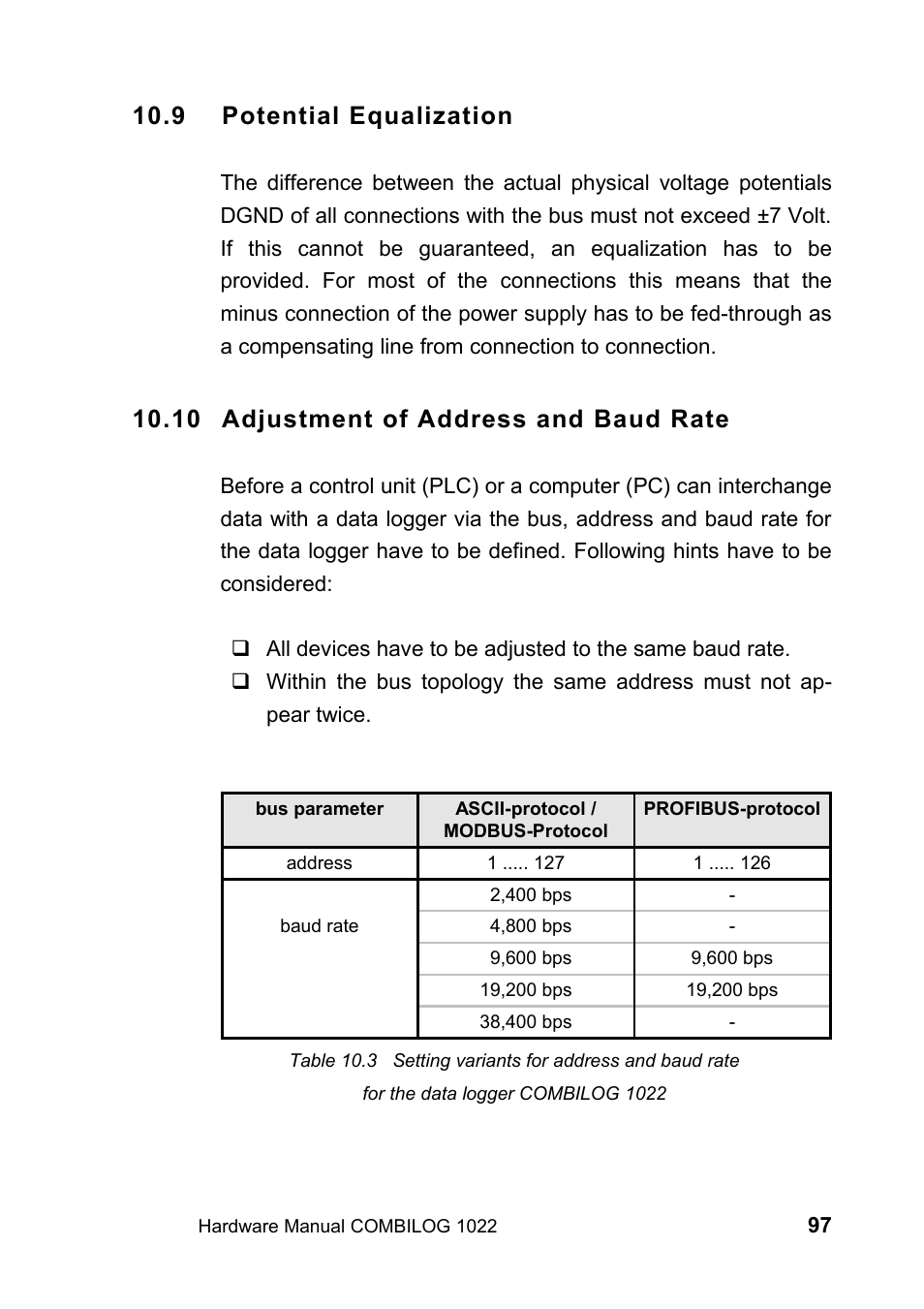 9 potential equalization, 10 adjustment of address and baud rate | Kipp&Zonen COMBILOG Data Logger User Manual | Page 97 / 173