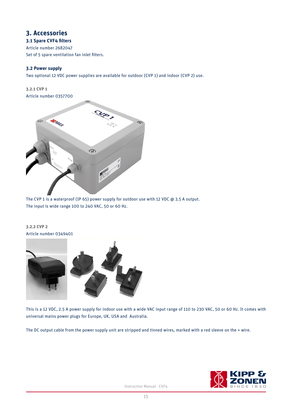 Accessories, 1 spare cvf4 filters, 2 power supply | 1 cvp 1 3.2.2 cvp 2 | Kipp&Zonen CVF4 Ventilation Unit User Manual | Page 15 / 26