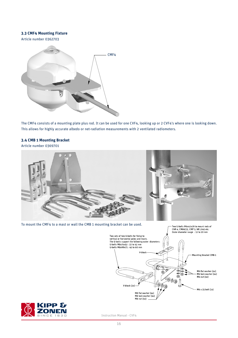 3 cmf4 mounting fixture, 4 cmb 1 mounting bracket | Kipp&Zonen CVF4 Ventilation Unit User Manual | Page 16 / 26