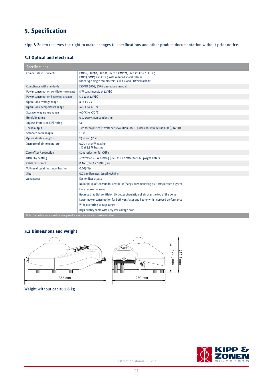5 specification, Optical and electrical, 2 dimensions and weight | Specification, 1 optical and electrical 5.2 dimensions and weight | Kipp&Zonen CVF4 Ventilation Unit User Manual | Page 21 / 26