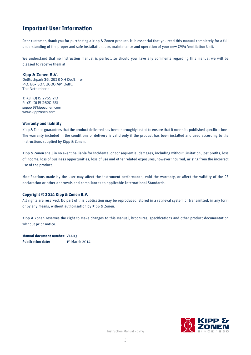 Important user information | Kipp&Zonen CVF4 Ventilation Unit User Manual | Page 3 / 26