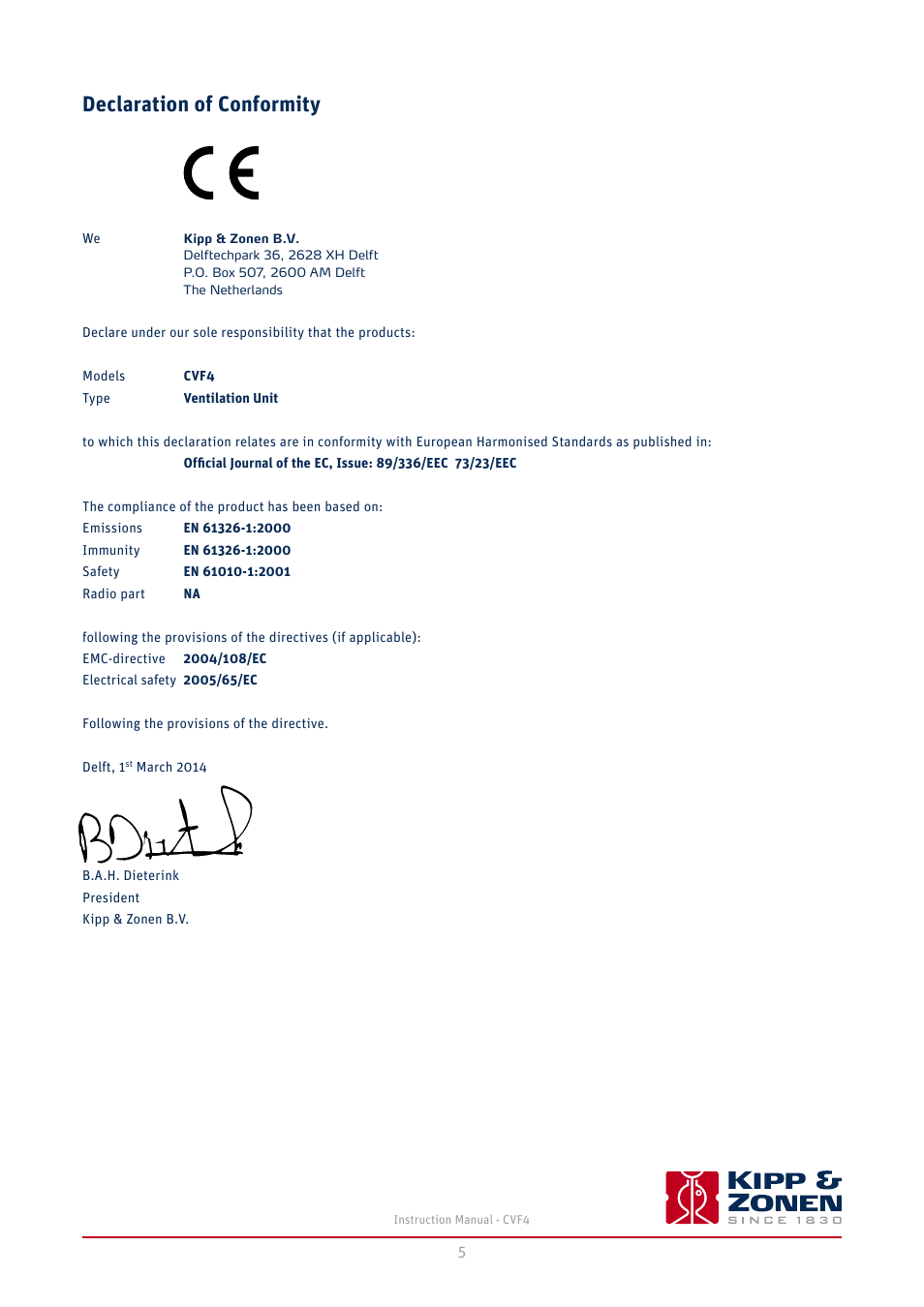 Declaration of conformity | Kipp&Zonen CVF4 Ventilation Unit User Manual | Page 5 / 26