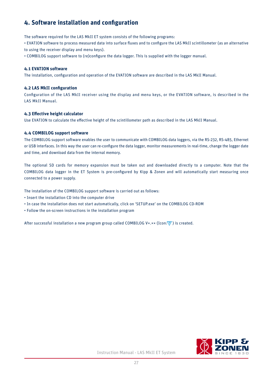 Software installation and configuration, 1 evation software, 2 las mkii configuration | 3 eﬀective height calculator, 4 combilog support software | Kipp&Zonen LAS MkII ET system User Manual | Page 27 / 44