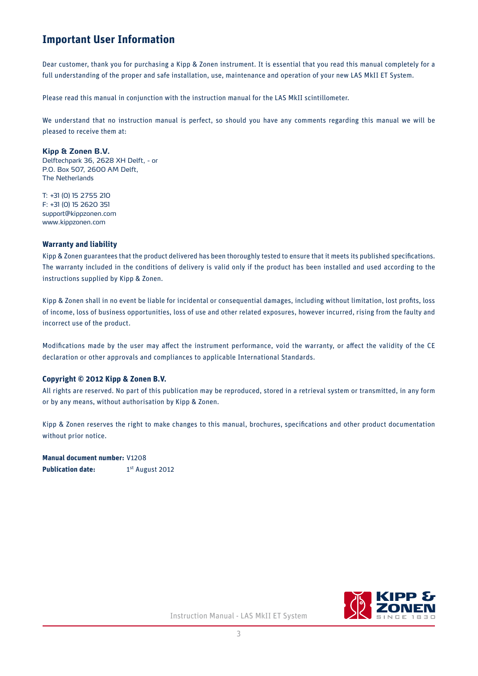 Important user information | Kipp&Zonen LAS MkII ET system User Manual | Page 3 / 44