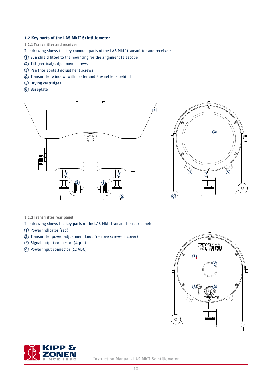 2 key parts of the las mkii scintillometer, 1 transmitter and receiver, 2 transmitter rear panel | 3 receiver rear panel | Kipp&Zonen LAS MkII Scintillometer User Manual | Page 10 / 86