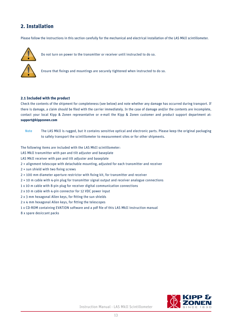 Installation, 1 included with the product | Kipp&Zonen LAS MkII Scintillometer User Manual | Page 13 / 86