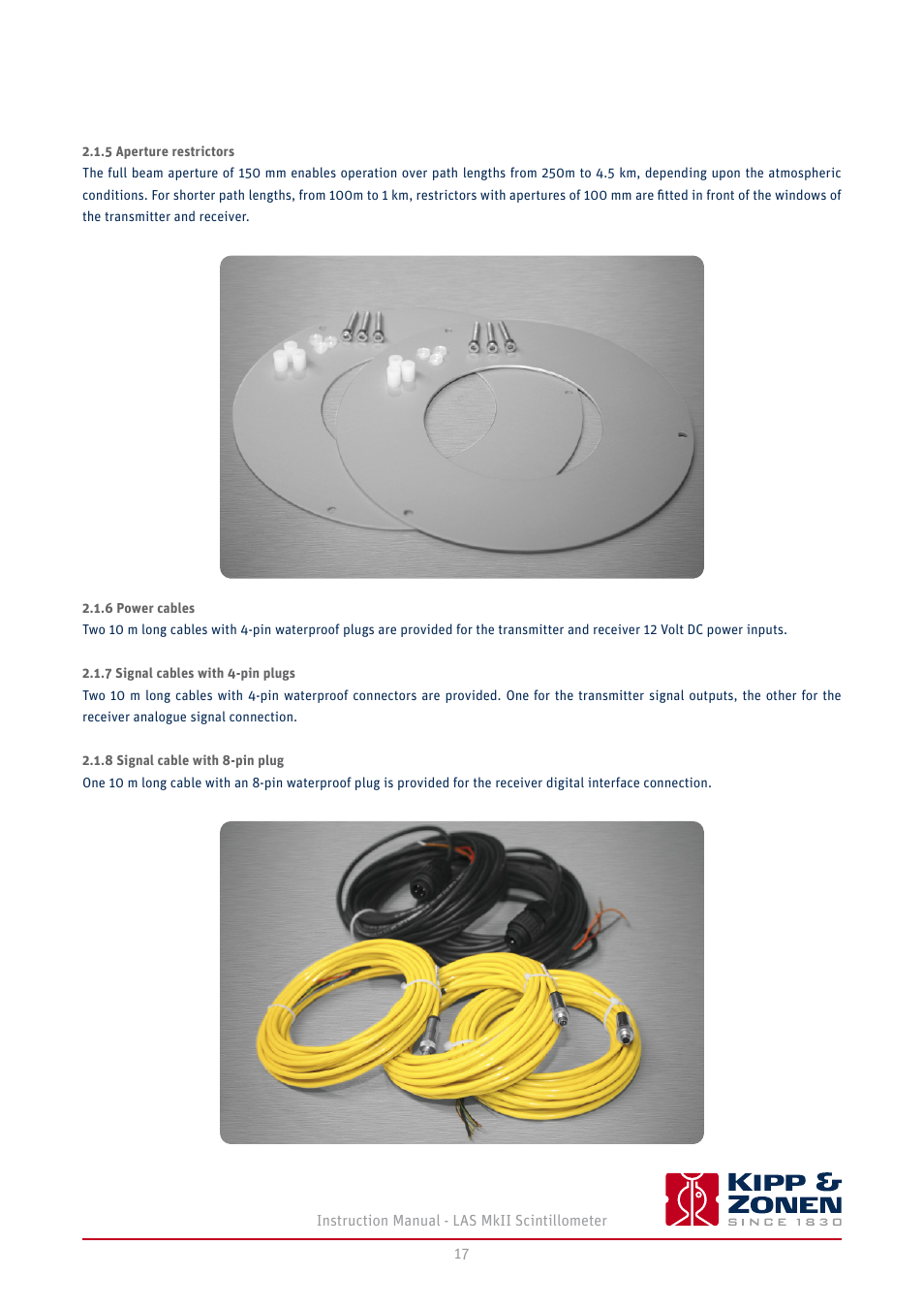 5 aperture restrictors, 6 power cables, 7 signal cables with 4-pin plugs | 8 signal cable with 8-pin plug | Kipp&Zonen LAS MkII Scintillometer User Manual | Page 17 / 86