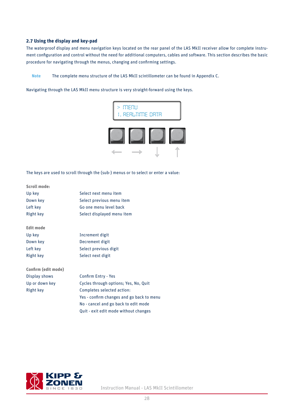 7 using the display and key-pad, Menu 1. realtime data | Kipp&Zonen LAS MkII Scintillometer User Manual | Page 28 / 86