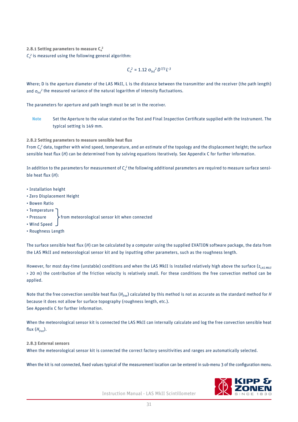 1 setting parameters to measure c, 2 setting parameters to measure sensible heat flux, 3 external sensors | Kipp&Zonen LAS MkII Scintillometer User Manual | Page 31 / 86