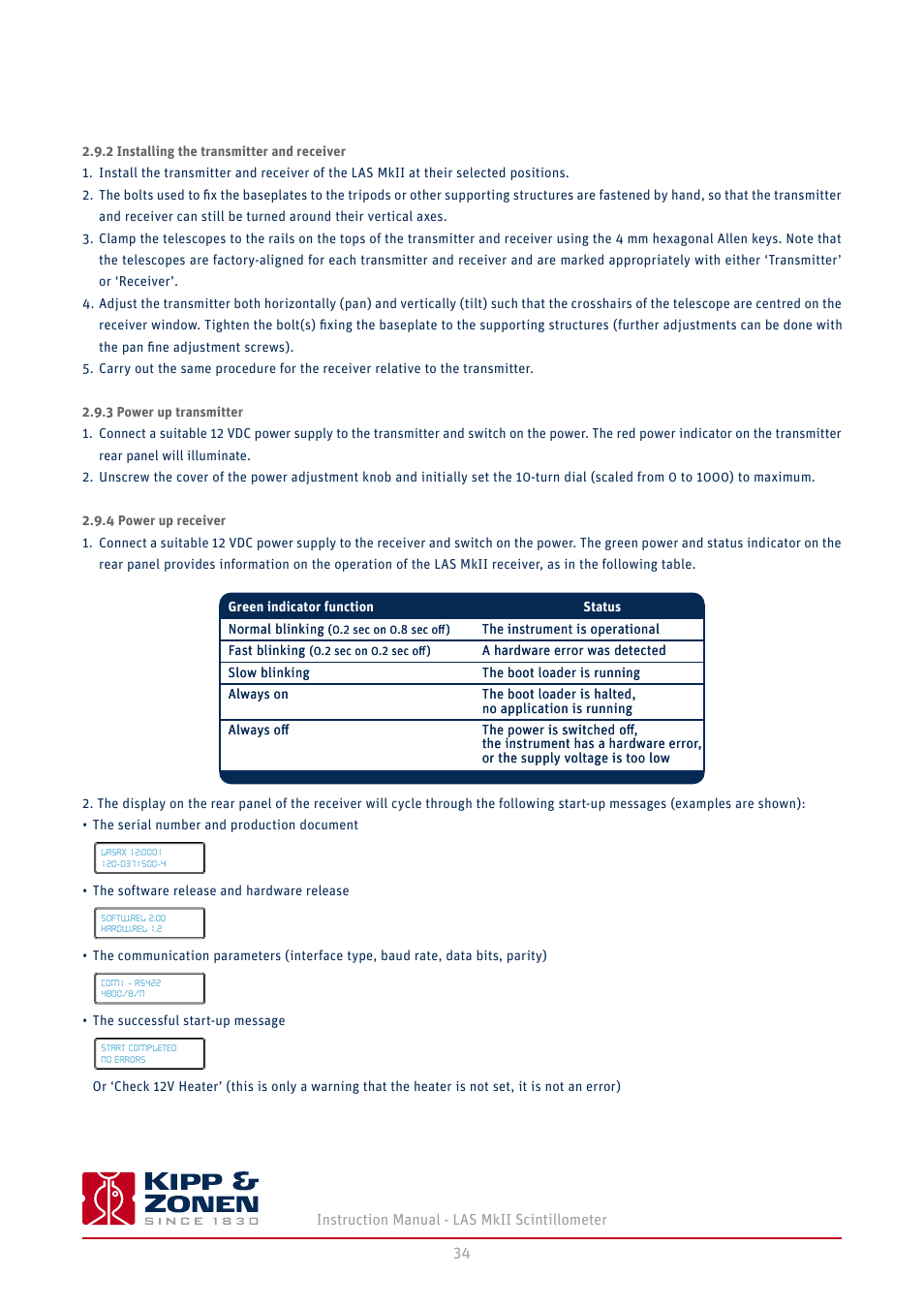 2 installing the transmitter and receiver, 3 power up transmitter, 4 power up receiver | Kipp&Zonen LAS MkII Scintillometer User Manual | Page 34 / 86