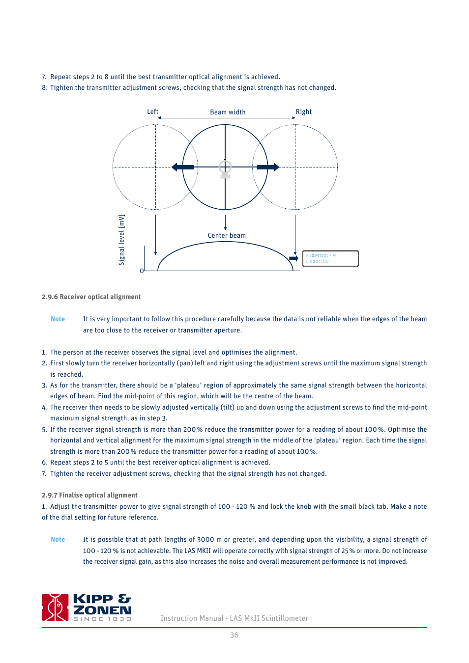 6 receiver optical alignment, 7 finalise optical alignment | Kipp&Zonen LAS MkII Scintillometer User Manual | Page 36 / 86