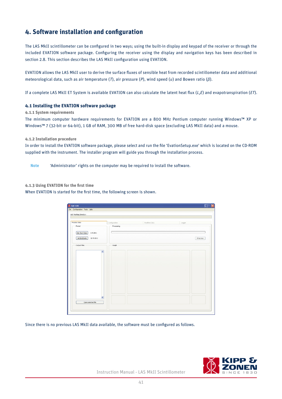 Software installation and configuration, 1 installing the evation software package, 1 system requirements | 2 installation procedure, 3 using evation for the first time | Kipp&Zonen LAS MkII Scintillometer User Manual | Page 41 / 86