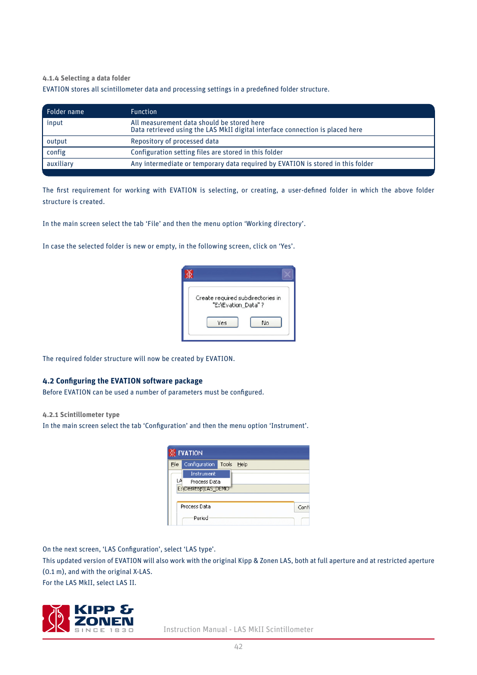 4 selecting a data folder, 2 conﬁguring the evation software package, 1 scintillometer type | Kipp&Zonen LAS MkII Scintillometer User Manual | Page 42 / 86