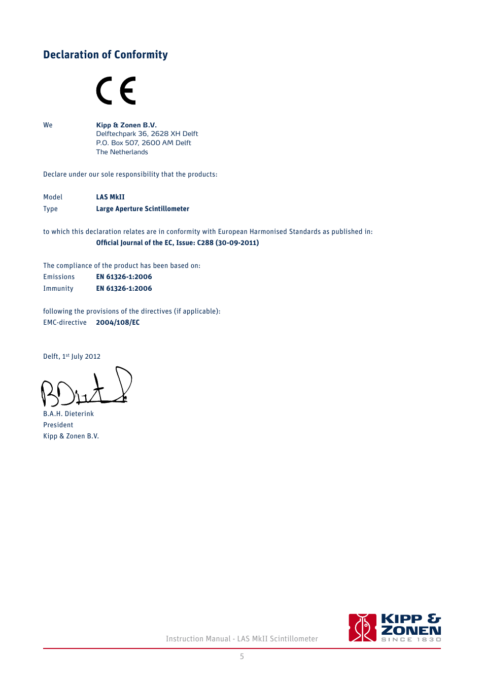 Declaration of conformity | Kipp&Zonen LAS MkII Scintillometer User Manual | Page 5 / 86